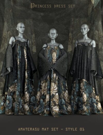 Elegant princess dress set with intricate fabric textures and detailed floral patterns for Daz3D characters.