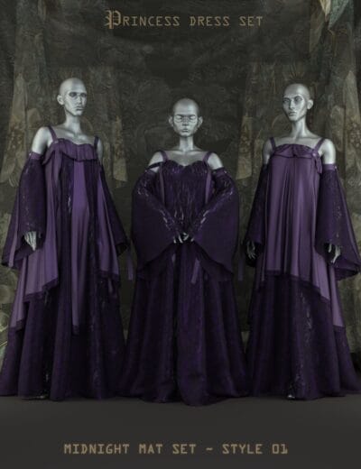紫色 princess dress set for Daz3D, detailed fantasy costume models, high-quality 3D assets for character design and digital art, versatile for creative projects, style 01.