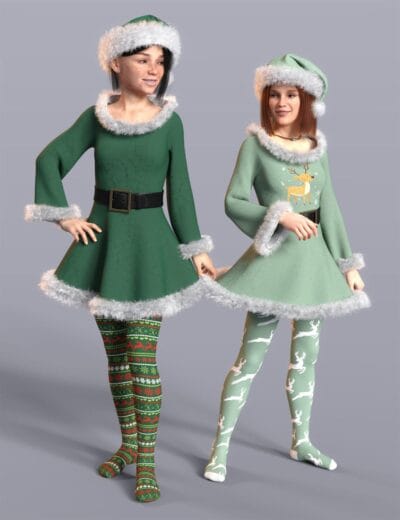 Festive Christmas elf girls wearing holiday-themed dresses and leggings, detailed 3D render showcasing high-quality DAZ3D assets, perfect for holiday animations and seasonal projects.