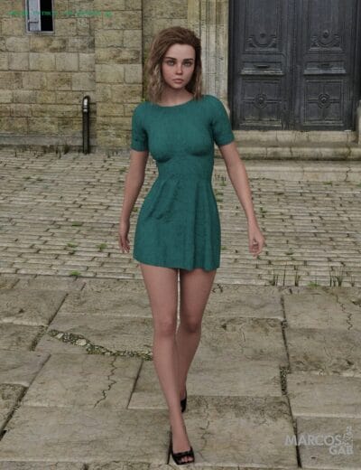 Vibrant teal short dress on realistic female 3D model standing outdoors on stone pavement in front of an old building with textured stone walls and wooden door, showcasing high-quality Daz3D assets.