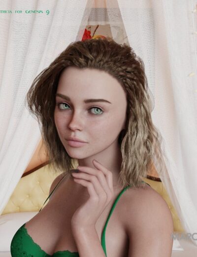 3D realistic female character with shoulder-length wavy hair, striking blue eyes, wearing green lingerie, posed in a bedroom scene with soft lighting and a cozy ambiance.