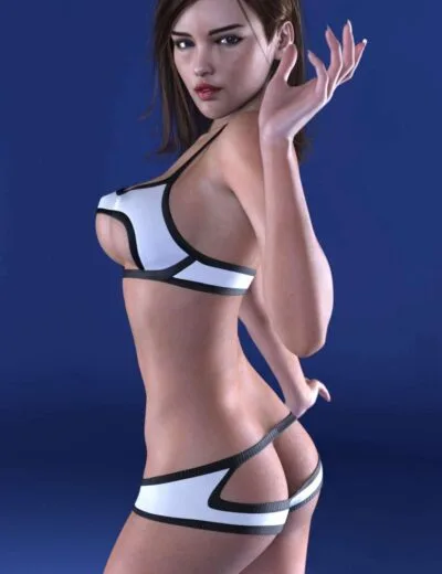 3D woman in futuristic white and black lingerie, showcasing high-detail digital assets for realistic 3D rendering and character modeling.