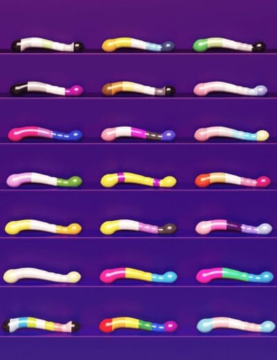 Colorful 3D shaped worms on display shelves, showcasing vibrant textures and diverse color patterns, perfect for 3D character design, assets, and creative projects in Daz3D.