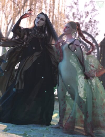 Ethereal fantasy characters in elegant, detailed costumes, set outdoors with autumn trees, showcasing high-quality 3D assets and realistic textures from Daz3D, ideal for digital art and character design.