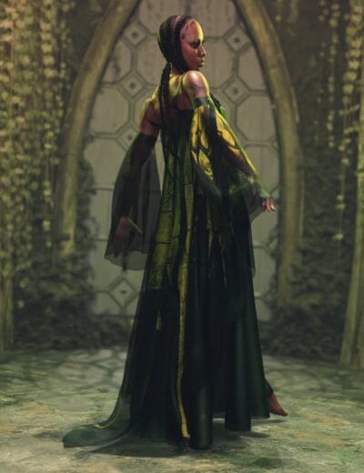 Elegant 3D female character in a fantasy setting, wearing a flowing black and green dress with intricate details, standing in a mystical garden with stone & foliage background.