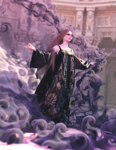 Elegant digital artwork featuring a woman in ornate black and gold fashion with flowing hair, surrounded by swirling purple smoke, set against a classical architectural background. High-quality 3D rendered scene.