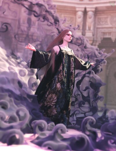 Elegant digital artwork featuring a woman in ornate black and gold fashion with flowing hair, surrounded by swirling purple smoke, set against a classical architectural background. High-quality 3D rendered scene.