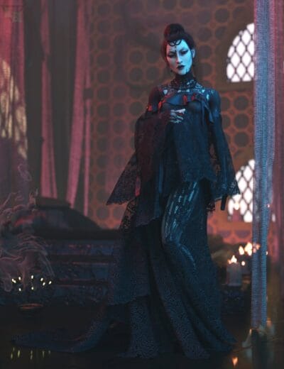 Elegant gothic female character in dark lace gown with intricate jewelry, set in a mysterious, flickering candlelit room with medieval design elements, suitable for fantasy or dark fantasy art.