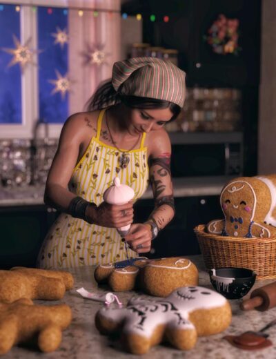 Decorated gingerbread cookies with festive icing, woman decorating holiday treats in cozy kitchen, holiday baking scene with animated gingerbread characters, Christmas spirit, and baking supplies.