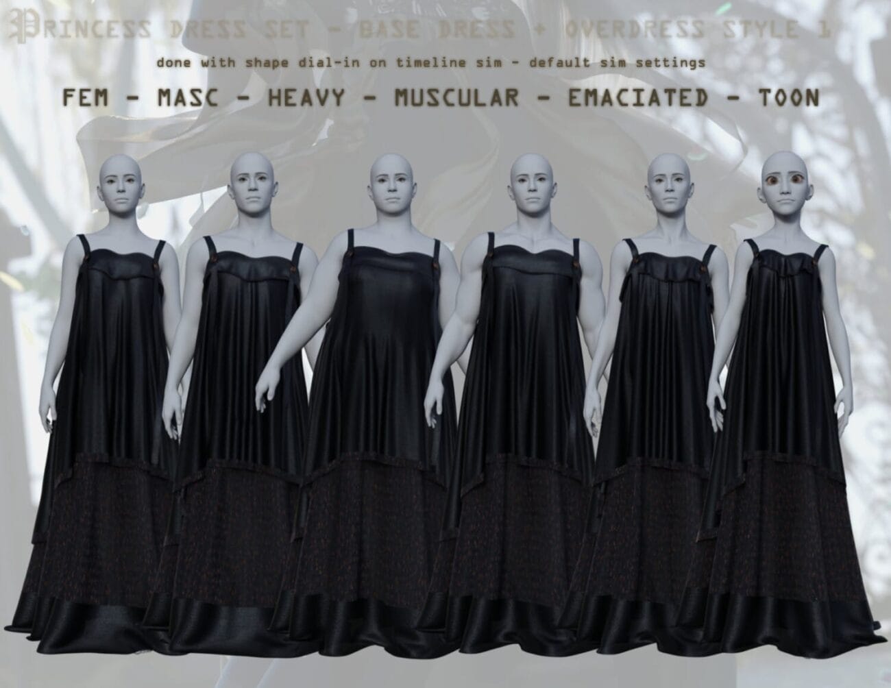 BLACK Princess Dress Set for Daz3D - Elegant, high-quality 3D model assets for female characters, perfect for fashion, fantasy, or cinematic scenes in Daz Studio.