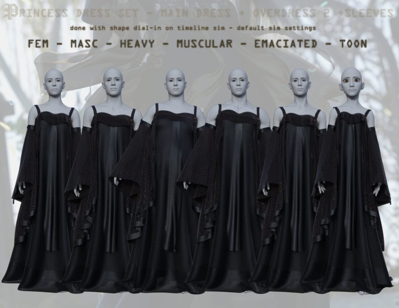 Daz3d princess dress set, high-quality 3d asset for DazStudio, fantasy costume, elegant black gown, female character clothing, detailed textures, costume for 3D characters, immersive digital fashion, versatile 3D dress model.