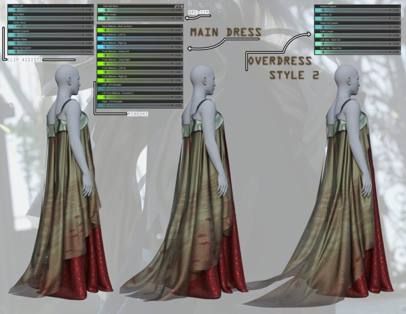 Beautiful 3D dress design with adjustable ribbons and overlay style for Daz3D assets, showcasing detailed fabric textures and customizable morphs, perfect for realistic renders and character styling.