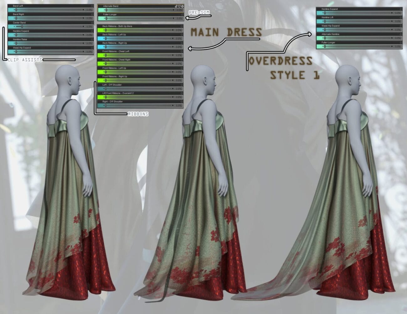 Daz3d dress customization interface showing ribbons and overlays, 3d model of a woman in elegant gown, layered clothing options, digital fashion design tool, high-quality 3D asset for visuals and animations.
