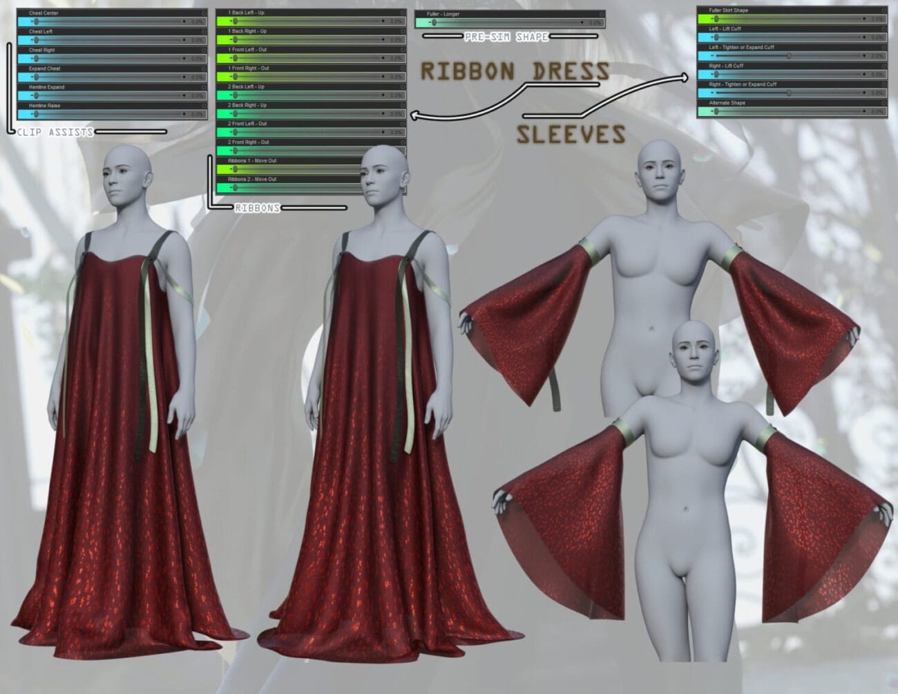 Elegant red ribbon dress for Daz3D, featuring detailed sleeve designs and customizable components, perfect for high-quality 3D character renders and fantasy or formal scene creation.