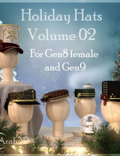 Handcrafted holiday hats collection for Genesis 8 and Genesis 9 female characters, featuring festive designs, detailed textures, and modern styles for 3D digital art projects.