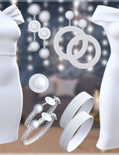 White 3D jewelry set and dresses for Daz3D models, including rings, bracelets, earrings, and elegant off-shoulder dresses, perfect for fashion and jewelry visualization projects.