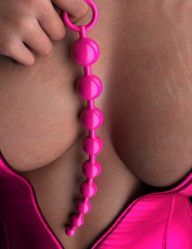 Shiny pink anal beads on a person's body, close-up shot, adult toy, erotic massage accessories, sensual adult entertainment, adult pleasure products, 3D model of intimate pleasure items.