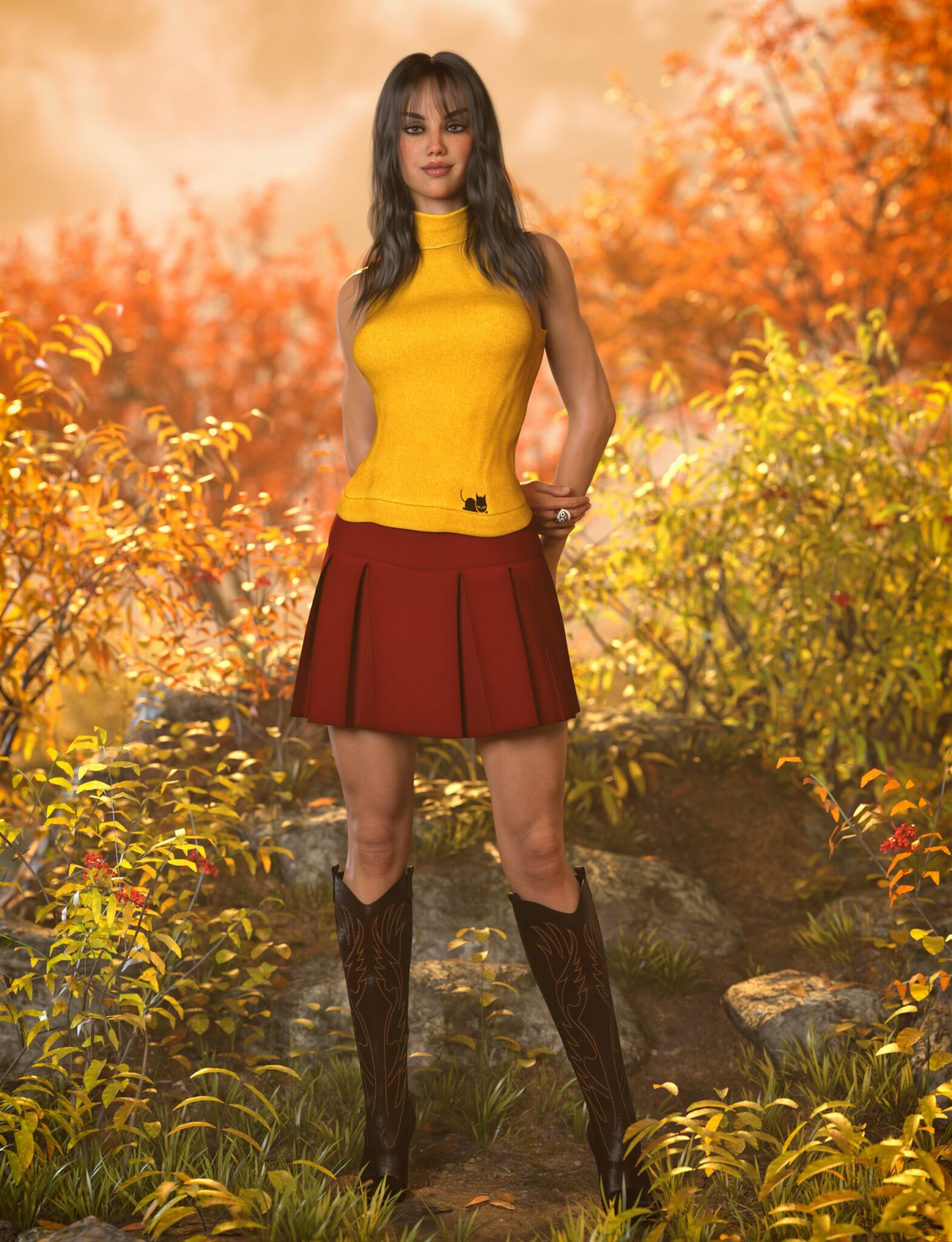 Detailed 3D character model of a woman in a yellow sleeveless top and red skirt, standing in a colorful autumn setting, showcasing high-quality Daz3D assets and realistic nature elements.