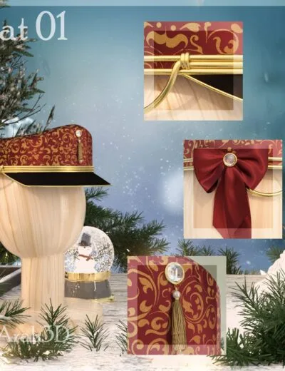 Elegant decorative Christmas hat with ornate red and gold pattern, velvet bow, tassel, and jewel accents, ideal for holiday-themed 3D scene design and festive ornament collection.