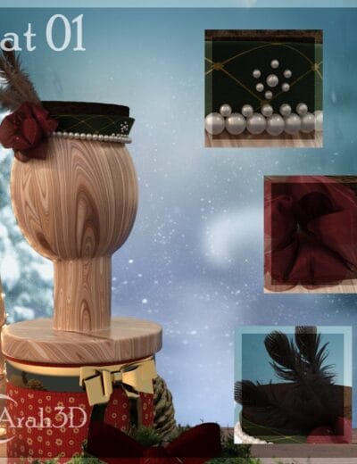 Sparkling pearl beads and velvet red bow atop wooden mannequin, holiday Christmas decoration with festive wrapping, winter background, 3D digital art, high quality, Daz3D assets for creative projects.