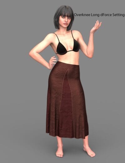 Elegant 3D female character in stylish outfit with long skirt and black top, showcasing detailed textures and realistic modeling for Daz3D assets.