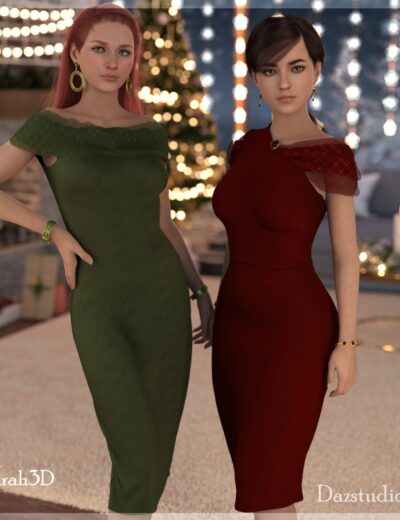 Elegant 3D female models in festive evening wear, showcasing high-quality Daz3D assets for holiday scene rendering, featuring realistic textures and detailed fashion accessories.