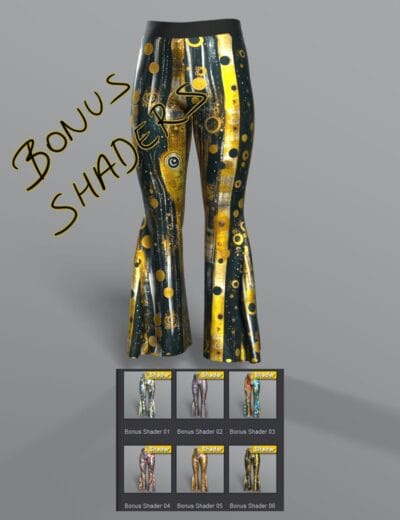Vibrant gold and black patterned 3D pants with multiple shader options, perfect for Daz3D characters and creative 3D rendering projects.