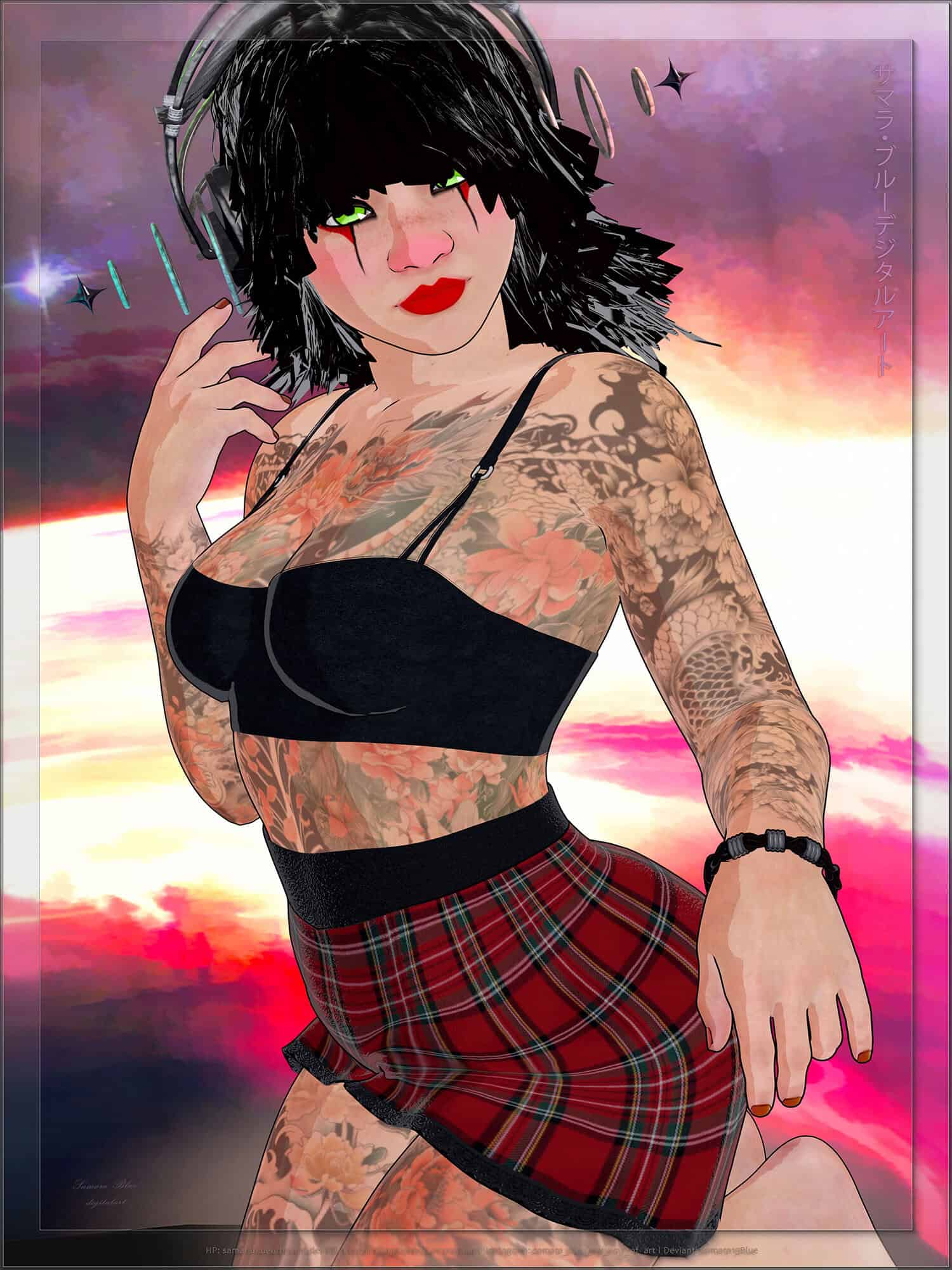 Tattooed woman wearing headphones and a red tartan skirt against a vibrant sunset.