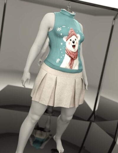 Cute polar bear Christmas sweater with snowflakes and winter accessories, realistic 3D Daz3D asset, perfect for holiday-themed scenes and character design, high-quality seasonal digital clothing for 3D models.