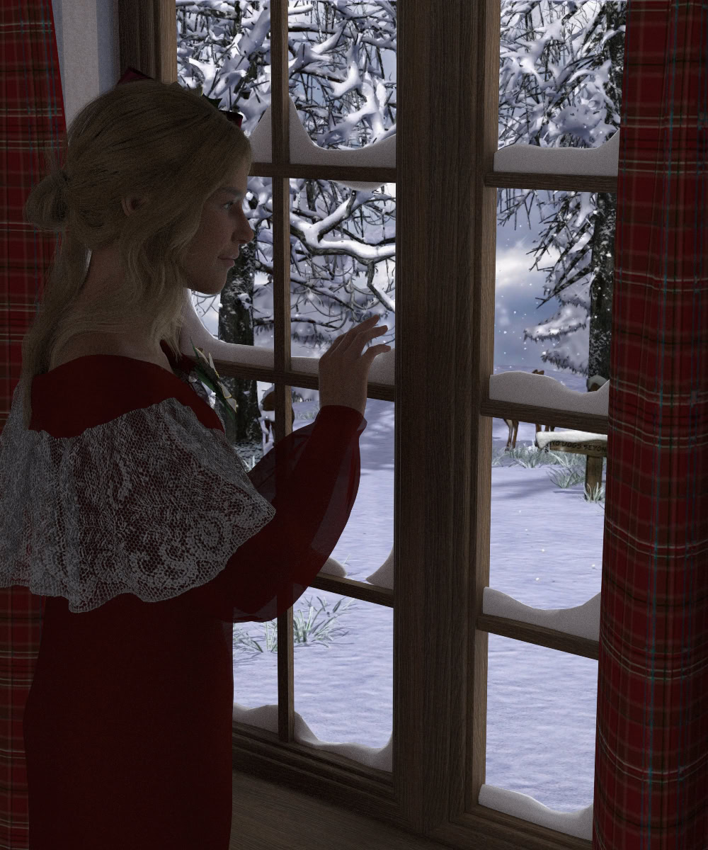 Elegant woman in red gown gazes wistfully at snowy winter scene from rustic window setting.