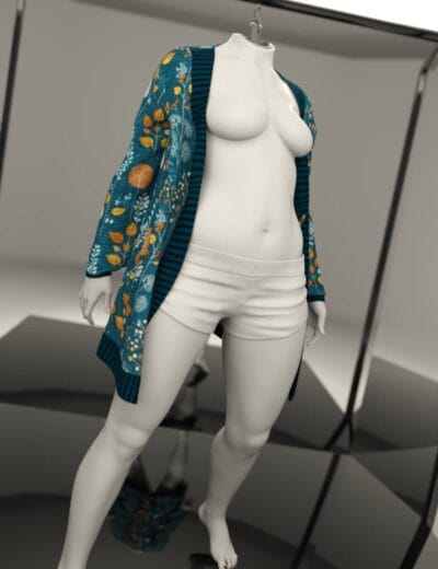Luxury female mannequin with detailed clothing, including a colorful patterned sweater and white shorts, displayed in a professional studio setting for 3D asset showcase.