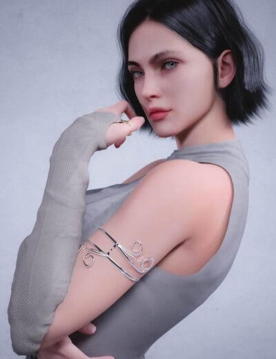 Elegant young woman with short black hair, wearing a sleek gray sleeveless outfit, showcasing metallic arm jewelry and a glove, emphasizing high-quality Daz3D assets and 3D character modeling.