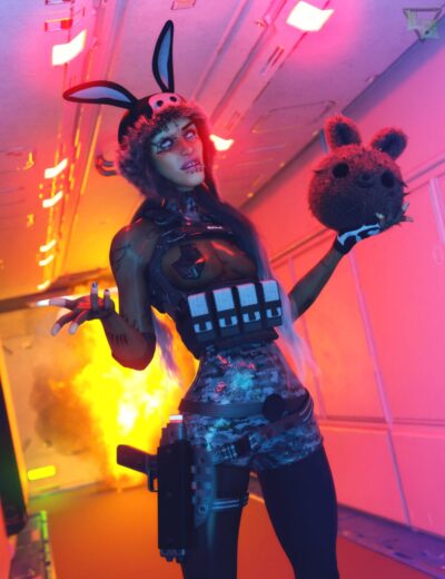 Detailed digital art of a cyberpunk female character with bunny ears, holding a plush bear, featuring futuristic clothing, tattoos, and weapon accessories in a neon-lit sci-fi environment.