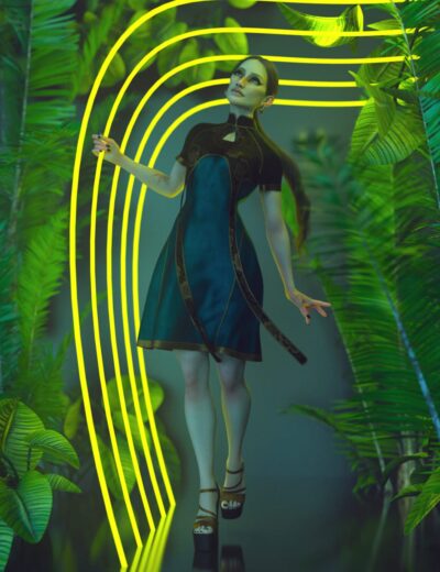 3D rendered woman in elegant dress surrounded by tropical plants with neon light art, showcasing high-quality Daz3D assets for digital art and 3D modeling.
