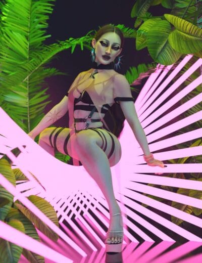 Vibrant digital art of a stylized female character in provocative lingerie, surrounded by tropical leaves and illuminated by neon pink lighting, showcasing high-quality 3D assets for creative projects.