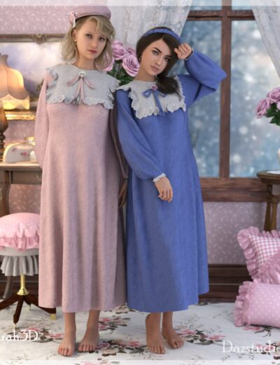 Pink and blue vintage nightgown set for Daz3D, 3D SHARDS quality assets, cozy bedroom interior, floral decor, female characters modeling traditional sleepwear for realistic 3D rendering.