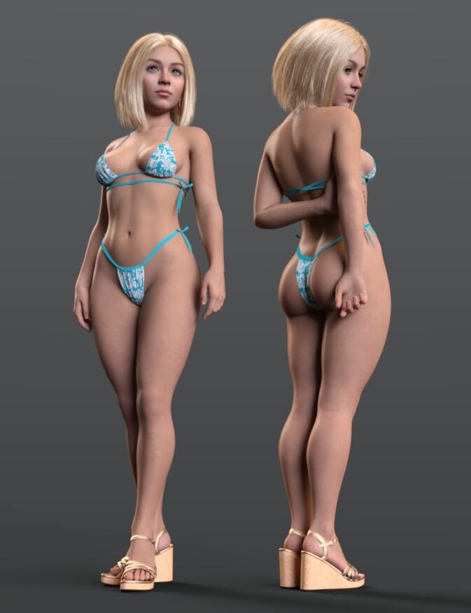Meridian 9 body 3D female character in a blue patterned bikini, standing confidently with a neutral background for realistic Daz3D asset visualization. Perfect for digital art, 3D modeling, and creative renders.