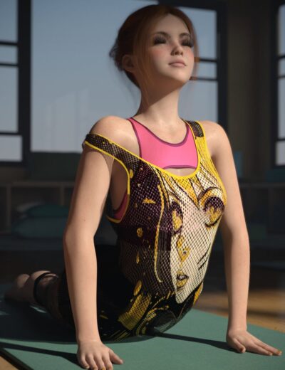 3D female character in vibrant fitness outfit doing yoga pose on mat in well-lit studio, showcasing realistic textures and detailed 3D rendering for Daz3D assets.