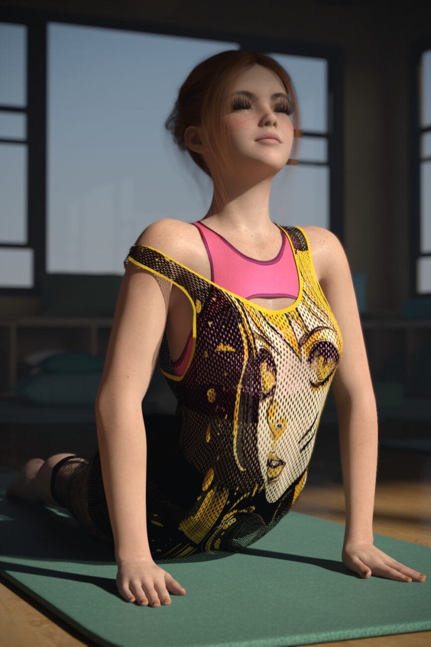 3D female character in vibrant fitness outfit doing yoga pose on mat in well-lit studio, showcasing realistic textures and detailed 3D rendering for Daz3D assets.