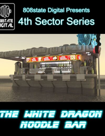 Drone style noodle bar stall 3D digital asset for DAZ3D, featuring neon signage and Asian-inspired architecture, ideal for sci-fi or modern restaurant scenes, highly detailed 3D model for creating realistic visuals.