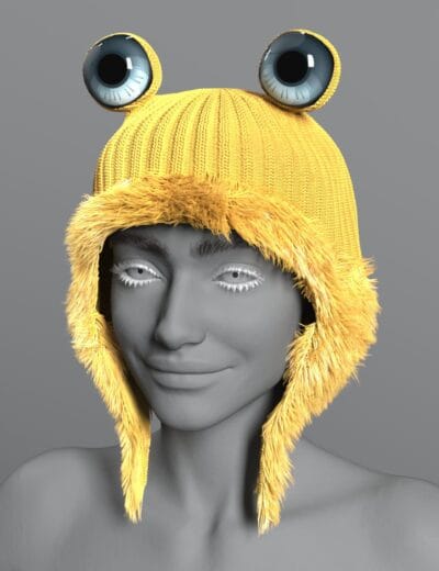 Colorful fuzzy yellow knit hat with cartoonish large blue eyes 3d rendered.