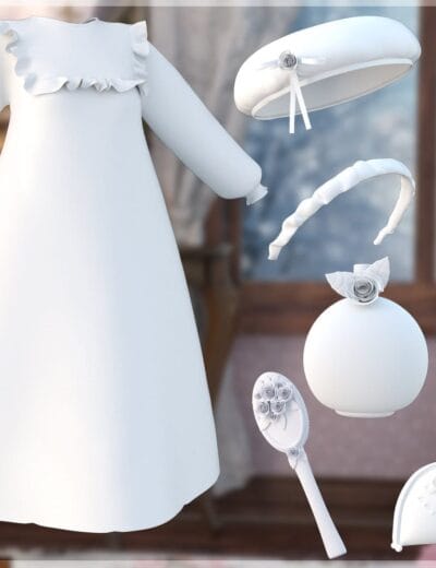 Elegant white dress and delicate floral accessories perfect for 3D wedding or portrait rendering, showcasing high-quality Daz3D assets.