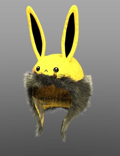 Yellow bunny hat with large bunny ears and a furry brim, suitable for Daz3D character accessories, high detail, realistic textures, ideal for cosplay costumes and animated character design.