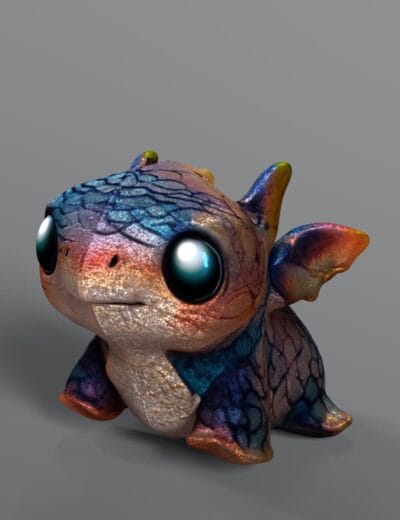 Vibrant 3D dragon fish creature, highly detailed and colored with iridescent scales, large expressive eyes, perfect for fantasy and gaming assets.