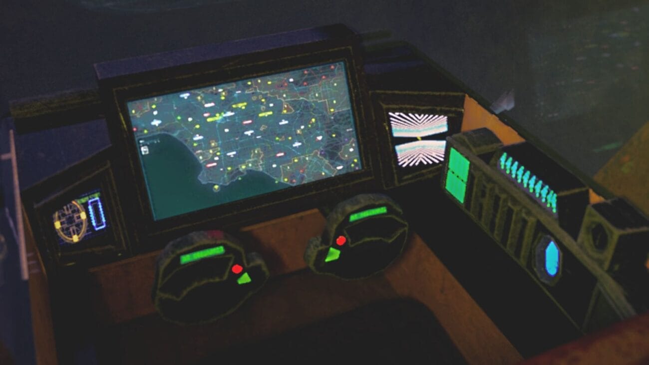 Futuristic spaceship control panel with holographic displays and neon lights, showcasing advanced cockpit UI elements and digital interfaces, perfect for sci-fi 3D asset scenes.