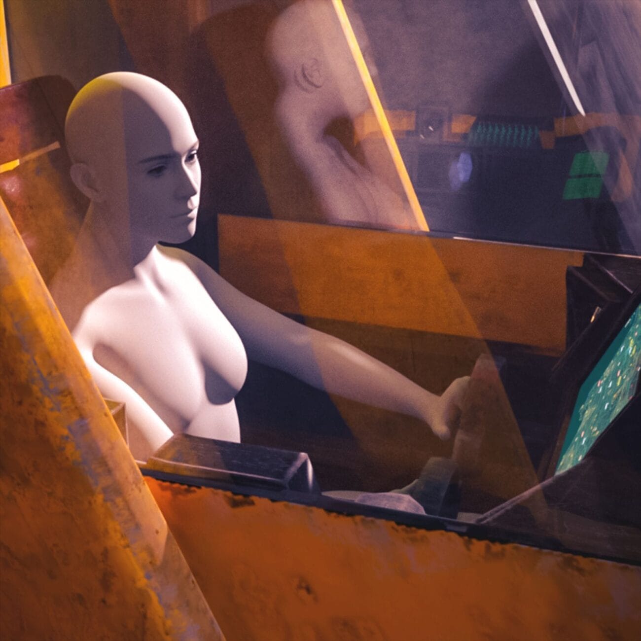 3D human mannequin sitting in a vintage airplane cockpit, using a touchscreen panel, showcasing high-quality Daz3D assets for realistic 3D modeling and rendering.
