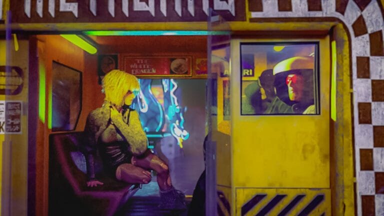 A woman with blonde hair sitting inside a colorful, neon-lit room, with posters and digital art on the walls, creating a vibrant cyberpunk or modern urban atmosphere.