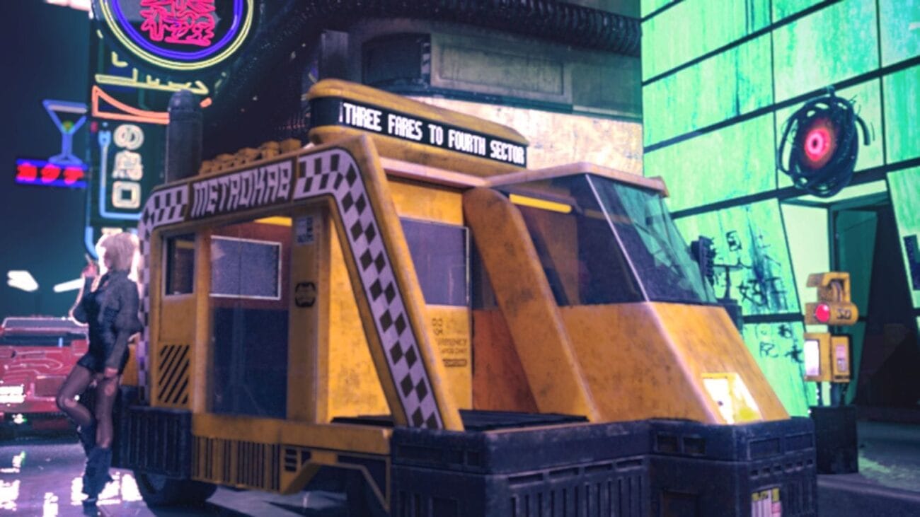 Retro futuristic yellow taxi with neon city background, cyberpunk aesthetic, detailed 3D model for digital art and game design, showcasing advanced textures and lighting.