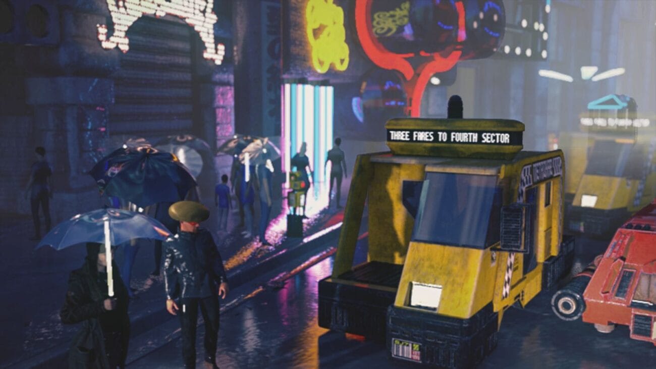 Colorful cyberpunk street scene with neon lights, digital signage, and futuristic vehicles, showcasing high-quality Daz3D assets and 3D modeling elements from 3D Shards.