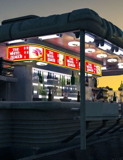 Vibrant neon dragon sign and illuminated Asian-style food cart at sunset, showcasing detailed 3D assets perfect for digital art, game development, and 3D modeling projects.